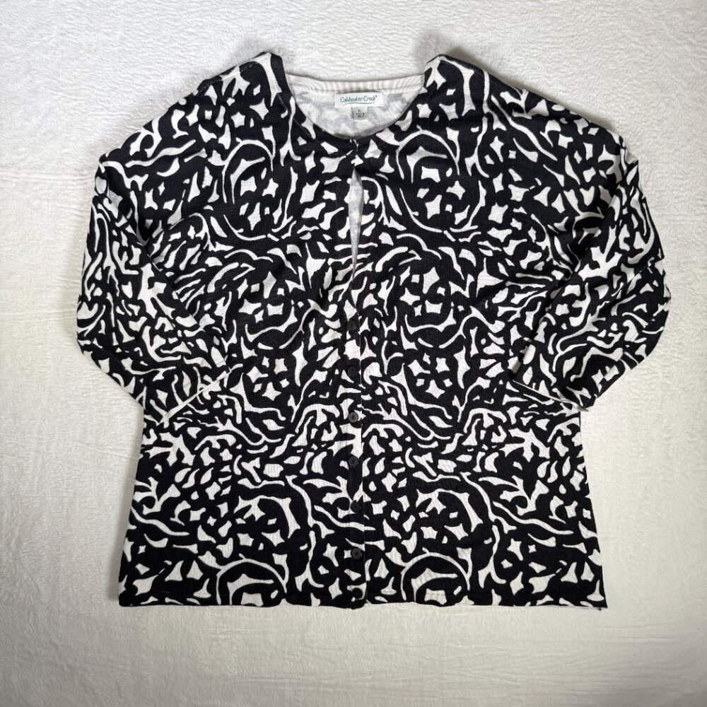 Coldwater Creek Black/White Blouse Keyhole Front‎ 3/4 Sleeves. Size XL Chic